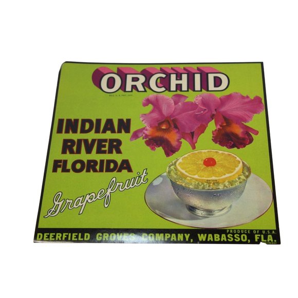 Orchid Indian River Florida Grapefruit Fruit Crate Label Vintage Deerfield 66621 - Picture 2 of 3
